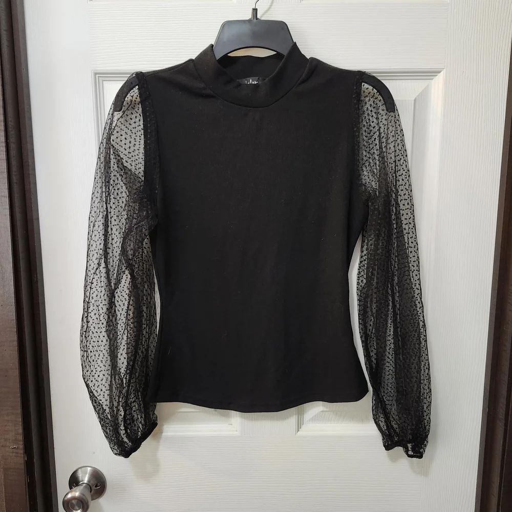Lulus Black Mesh Balloon Sleeve Mock Neck Try To Keep Up Top Sz S - Picture 3 of 8